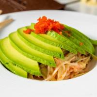 California Salad · crab meat, cucumber, tobiko with spicy mayo, topped with Avocado.