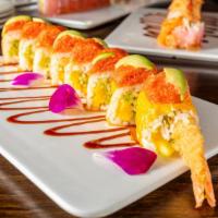 Lady Gaga Roll · Shrimp tempura, cucumber, mango wrapped in soy bean paper, topped with spicy tuna and avocado.