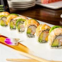 Malvern Roll · King crab, crab meat and mango, avocado and shrimp on top.