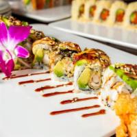 Samurai Roll · Shrimp tempura inside eel and avocado on the top.