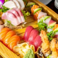 Sushi Sashimi(For 2) · 12 pieces sushi, 14 pieces sashimi, samurai roll and rainbow roll, served with two miso soup...