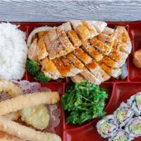Chicken Teriyaki Box · Served with miso soup, salad, shrimp vegetable tempura, shumai, seaweed salad, california ro...