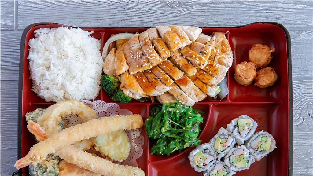 Chicken Teriyaki Box · Served with miso soup, salad, shrimp vegetable tempura, shumai, seaweed salad, california roll & white rice.
