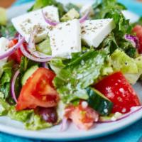 Greek Salad(Lettuce, Tomatoes, Kalamata Olives, Onions And Feta Cheese. · lettuce, tomatoes, kalamata olives, onions and feta cheese.