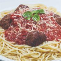 Spaghetti & Meatballs · homemade marinara sauce and Mozzarella. Served with small side salad (lettuce, onions, tomat...