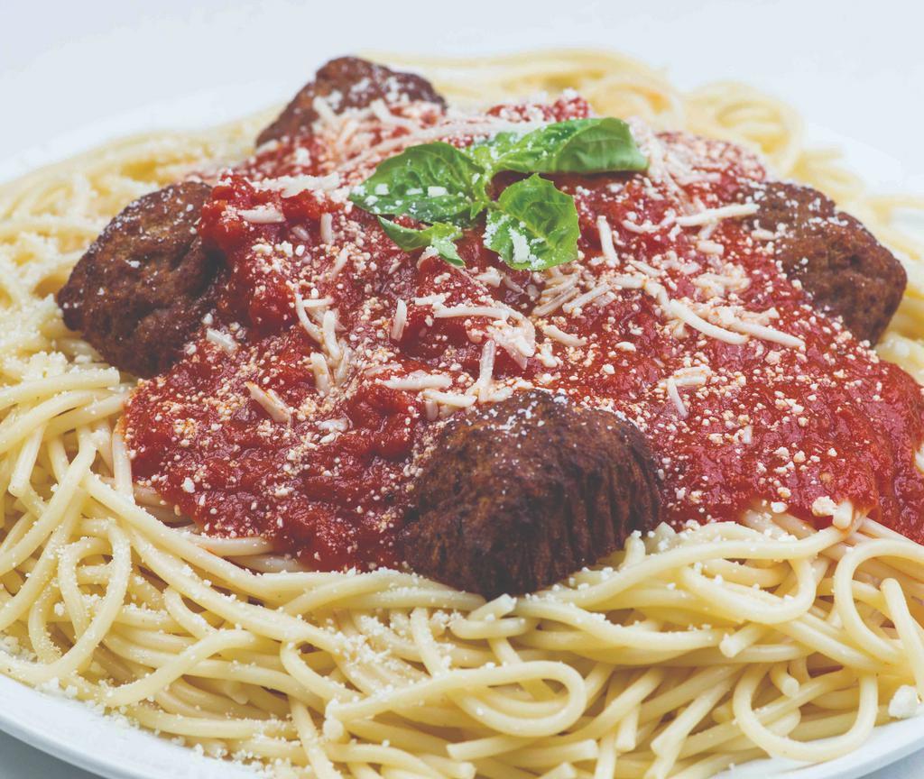 Spaghetti & Meatballs · homemade marinara sauce and Mozzarella. Served with small side salad (lettuce, onions, tomato and cucumbers) and homemade garlic