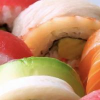 Rainbow Roll · Crab sticks, cucumber, avocado and sliced tuna, salmon, yellow tail and shrimp, avocado on t...
