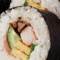 Futo Maki · Tamago, kanikama, cucmber, avocado, yamagobo and pickle radish.