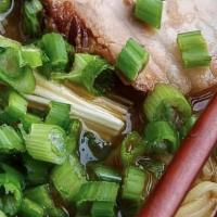 Ramen Noodle With Cha-Shu Pork · Not gluten free, ramen noodle bamboo shoot, Japanese sliced cha-shu, seaweed and scallion.