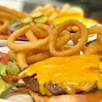Cheeseburger · American, lettuce, tomato, onion, pickle
or Hamburger- just ask for no cheese