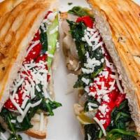 Grilled Vegetable Panini · Fresh assorted vegetables are grilled. Topped with imported aged provolone cheese and sweet ...