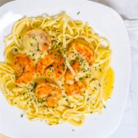 Shrimp Pasta Alfredo · Organic. Fettuccine Pasta in a rich Parmesan cheese and butter Alfredo sauce tossed with shr...