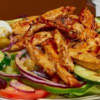 Grilled Chicken Salad · Salads come with lettuce, tomatoes, cucumber, green pepper, olives, red onion and hard boile...