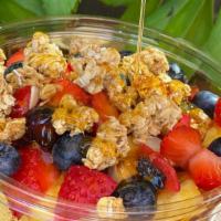 Fruit Blast · Acai, Granola, Bananas, Pineapple, Strawberries, Blueberries and Honey.
