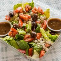 Greek Salad · Romaine lettuce, tomato, cucumber, green peppers, onion, olive, and feta cheese.