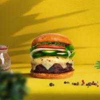 Give Me A Peno Burger  · Plant-based patty, jalapenos, lettuce, tomato, onion, and pickles on a burger bun.