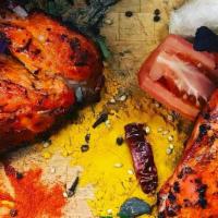 Tandoori Chicken (Gf) - Full · FULL  Young chicken, chilies, ginger, garlic, garam masala, Lemon.  BBQ’d in Tandoor.