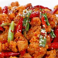Chongqing Spicy Chicken · Deep Fried Chicken, Dry Red Pepper, Sesame Seed, Scallion, Spicy.