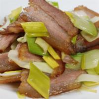 Smoked Pork Belly With Garlic Shoot · Smoked Cured Pork Belly, Leek