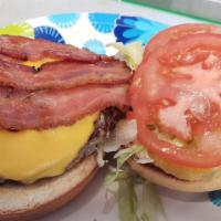 Bacon Cheese Burger · 3 strips of crispy bacon + cheese .