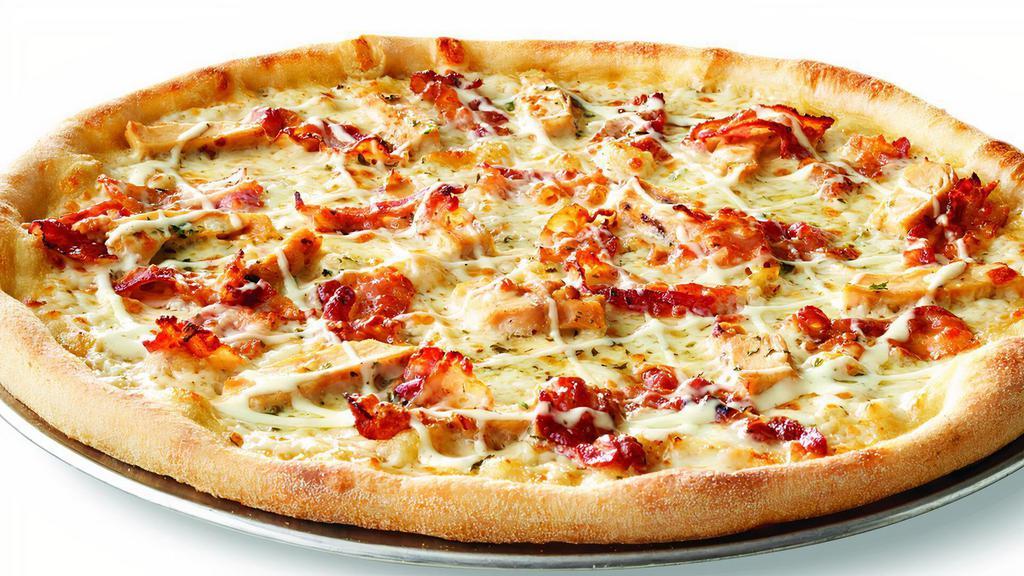 Chicken Bacon Ranch Pizza · Grilled Chicken, Smoky Bacon, Ranch Dressing & our Signature 3-Cheese Blend