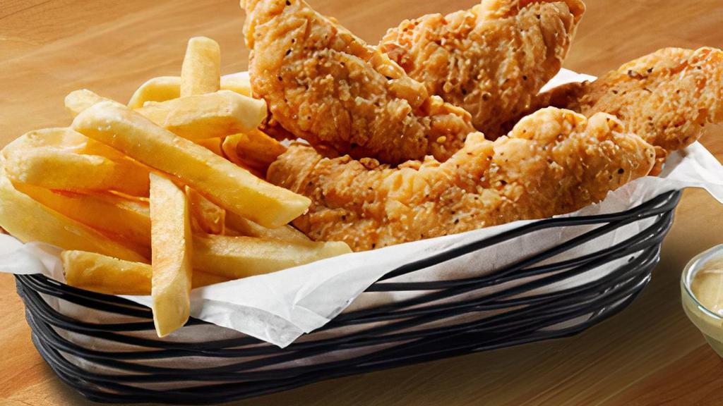 Chicken Tenders With Fries Basket · NEW! Four (4) Tenders with choice of sauce with a heaping serving of Fries