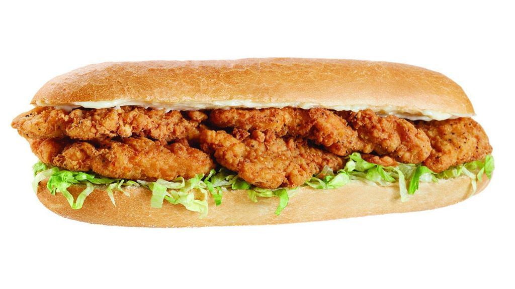 Crispy Chicken Large · Crispy, lightly spiced Chicken Tenders on a bed of shredded lettuce with mayonnaise