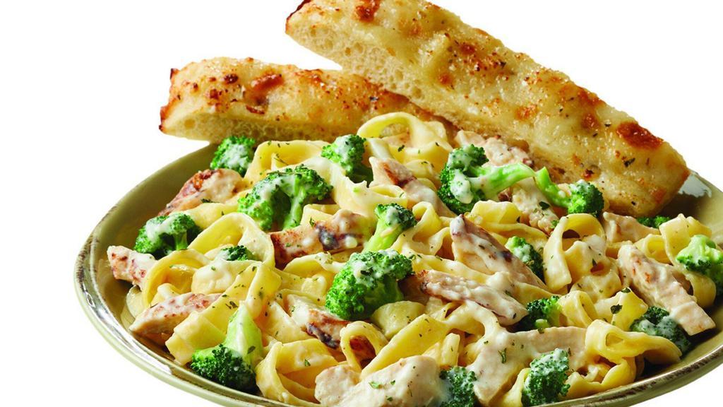 Chicken & Broccoli Alfredo · All white meat chicken breast and fresh broccoli tossed with Fettuccine or Penne, in a light and delicious Alfredo sauce. Served with a cheese breadstick.
