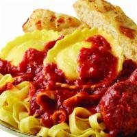 Papa Platter · Your choice of Fettuccine or Penne, two jumbo cheese ravioli and two meatballs, topped with ...