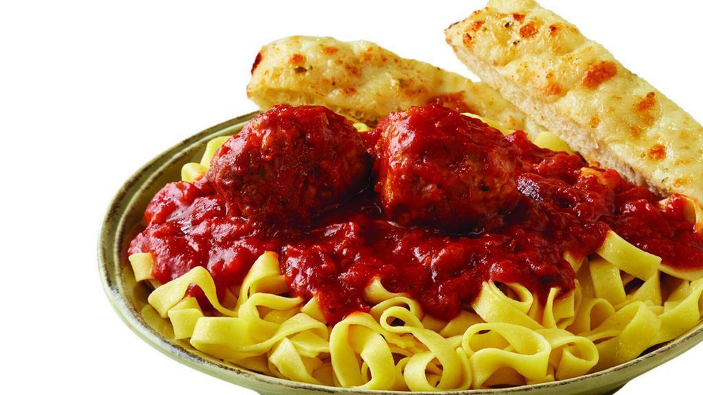 Pasta With Meatballs · A generous portion of Penne or Fettuccine prepared to order, cooked al dente and topped with a crushed tomato marinara and meatballs. Served with a cheese breadstick.