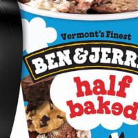 Ben & Jerry’S Half Baked®️ Ice Cream Pint · Chocolate & Vanilla Creams with Gobs of Chocolate Chip Cookie Dough & Fudge Brownies