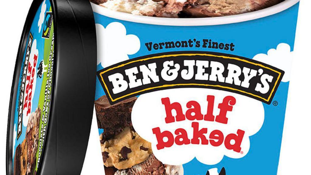 Ben & Jerry’S Half Baked®️ Ice Cream Pint · Chocolate & Vanilla Creams with Gobs of Chocolate Chip Cookie Dough & Fudge Brownies