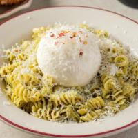 Rotini Genovese · Rotini tossed in a homemade pesto sauce, with burrata and parmesan cheese ***Gluten-free pas...
