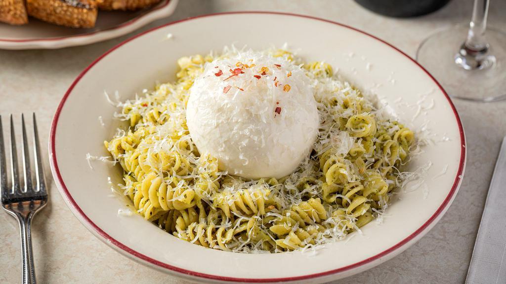 Rotini Genovese · Rotini tossed in a homemade pesto sauce, with burrata and parmesan cheese ***Gluten-free pasta can be substituted***