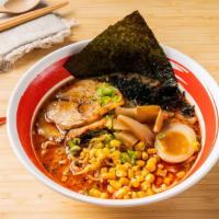 Spicy Tonkotsu Ramen · House-made savory spicy pork bone noodle soup with soy sauce braised chashu, marinated egg, ...
