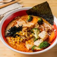 Spicy Vegetable Ramen · Creamy vegetable broth with corn, bamboo shoots, green onion, and fresh tofu. Served with um...