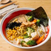 Vegetable Creamy Ramen · Creamy vegetable broth with corn, bamboo shoots, green onion, and fresh tofu. Served with um...