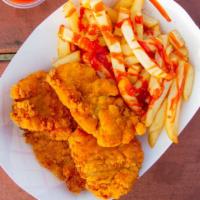 Cutman Chicken Tenders (4Ct) · with Fries 
Sauce Options: Blue cheese | Ranch | Honey Mustard | BBQ