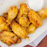Punish Em Garlic Parmesan Wings  - 10Ct · Bone-in Chicken, naked, drizzled in sauce.
Sauce Option: Blue cheese / Ranch