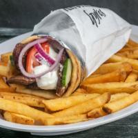 Gyros · Beef or Chicken, Tzatziki Sauce, Tomato, Onion, Cucumber, French Fries in a Greek Pita