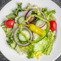 Garden Salad · Mixed Greens, Iceburg, Grape Tomato, Cucumber, Green Pepper, Red Onion, Kalamata Olives, Pep...