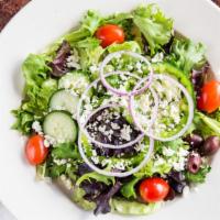 Greek Salad · Mixed Greens, Iceburg Lettuce, Grape Tomato, Red Onion, Green Peppers,  English Cucumber, Ka...