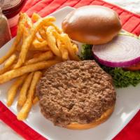 Delux Hamburger · Served with lettuce, tomato, onion, French fries, coleslaw.