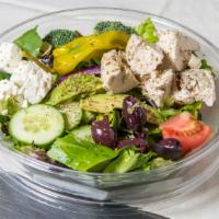 Greek Salad · Mixed salad greens, crumbled feta cheese, red onions, cucumbers, olives, tomatoes and pepper...