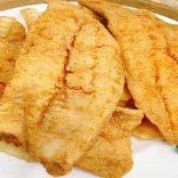 Whiting · Crispy fried whiting fillet served with two side dishes and bread on the side. We fry in pre...