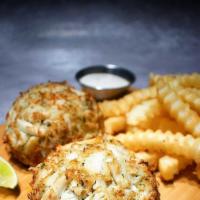 Crab Cake · Fried crab cake, made with real jumbo lump crabmeat, served with two side dishes and a choic...