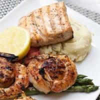 Baked Salmon & Grilled Shrimp · Comes with baked salmon and grilled jumbo shrimp, served with two side dishes and choice of ...