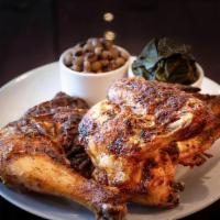 1/4 Chicken Platter (Dark Meat) · Tender, full-flavored, the juiciest chicken. Served with two side dishes and choice of bread...