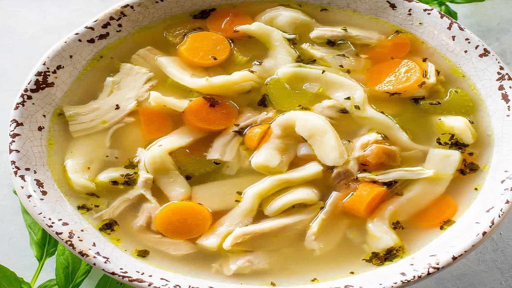Chicken Noodle Soup · Comes with crackers on the side.