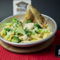 Chicken, Broccoli, Ziti · Chicken tenderloin, broccoli, and ziti tossed in alfredo sauce